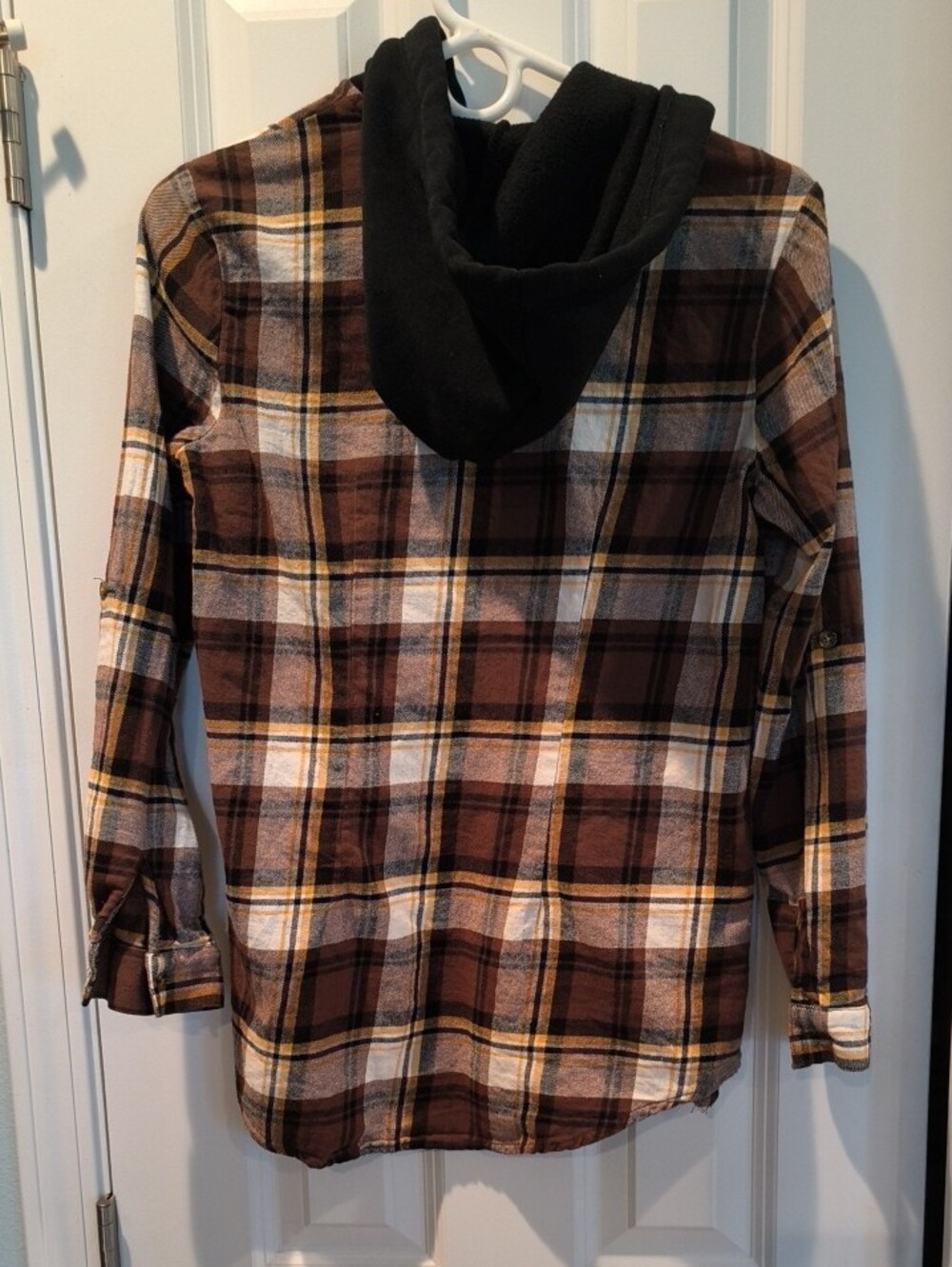 No Boundaries Brown Plaid Shirt Jacket with Black Hood - Picture 3 of 4